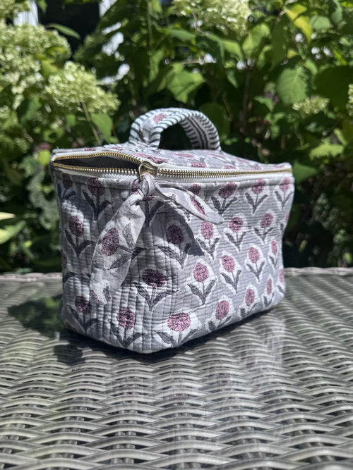 Grey Flower Indian block print cosmetic case, hand block printed in Jaipur, India