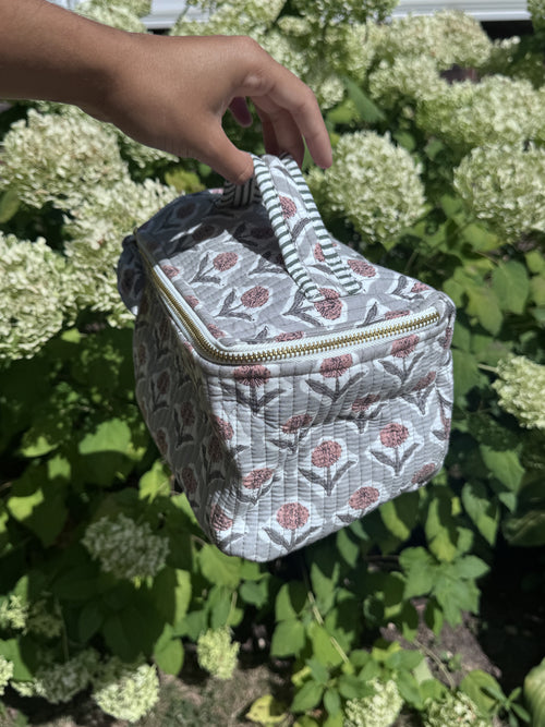 Grey Flower Indian block print cosmetic case, hand block printed in Jaipur, India – view 2